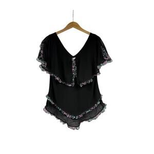 Vintage La Nuit Black Purple Floral Ruffle Top Whimsical Whimsigoth Glam Size 12